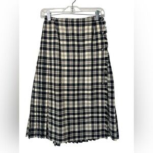 Vintage Aljean Canada Wool Plaid Kilt Skirt Black & Cream Tartan Pleated Size 4